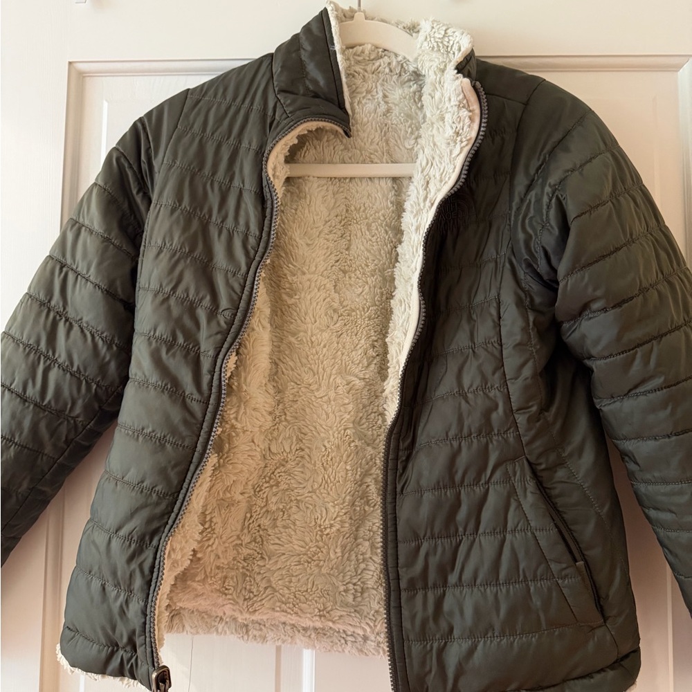The North Face Olive Jacket with Cream fleece Interior - reversible